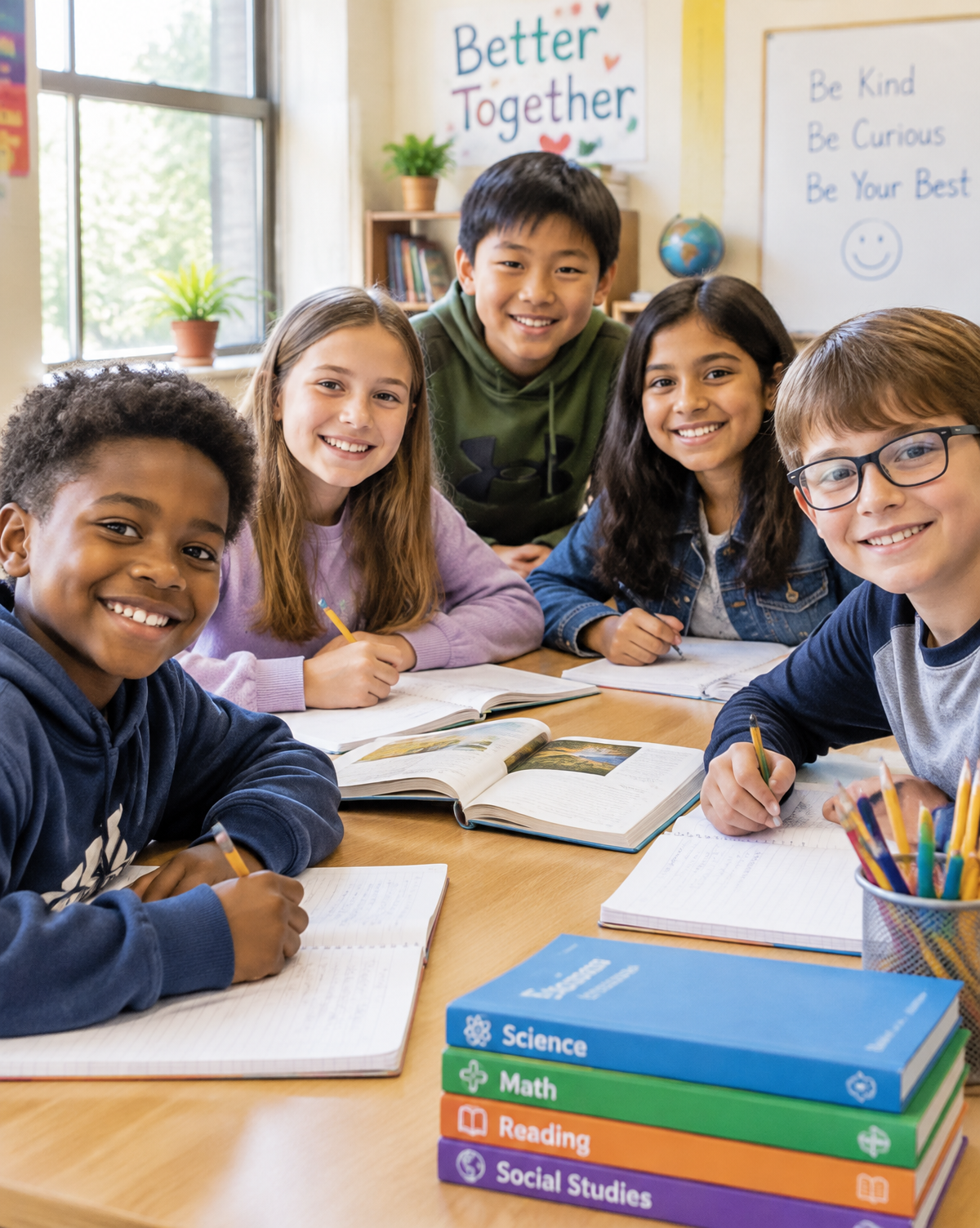 Smiling 4th and 5th grade students learning together